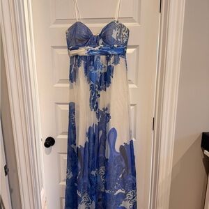Elegant Blue and White Aidan Mattox Women's Dress